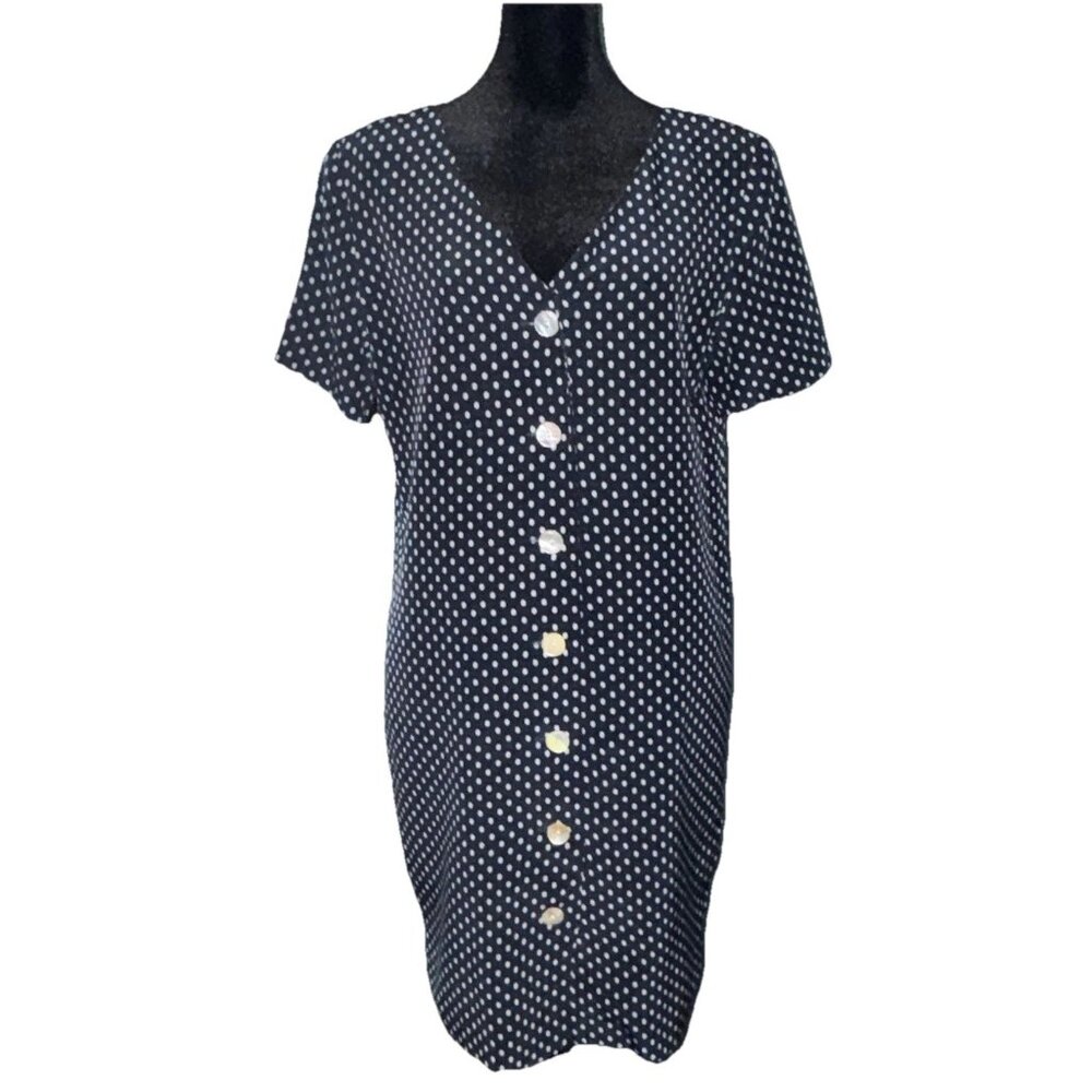 Vintage Ann Taylor 100% Silk Dress Iridescent Buttons Blue White Polka Dots Sz 4